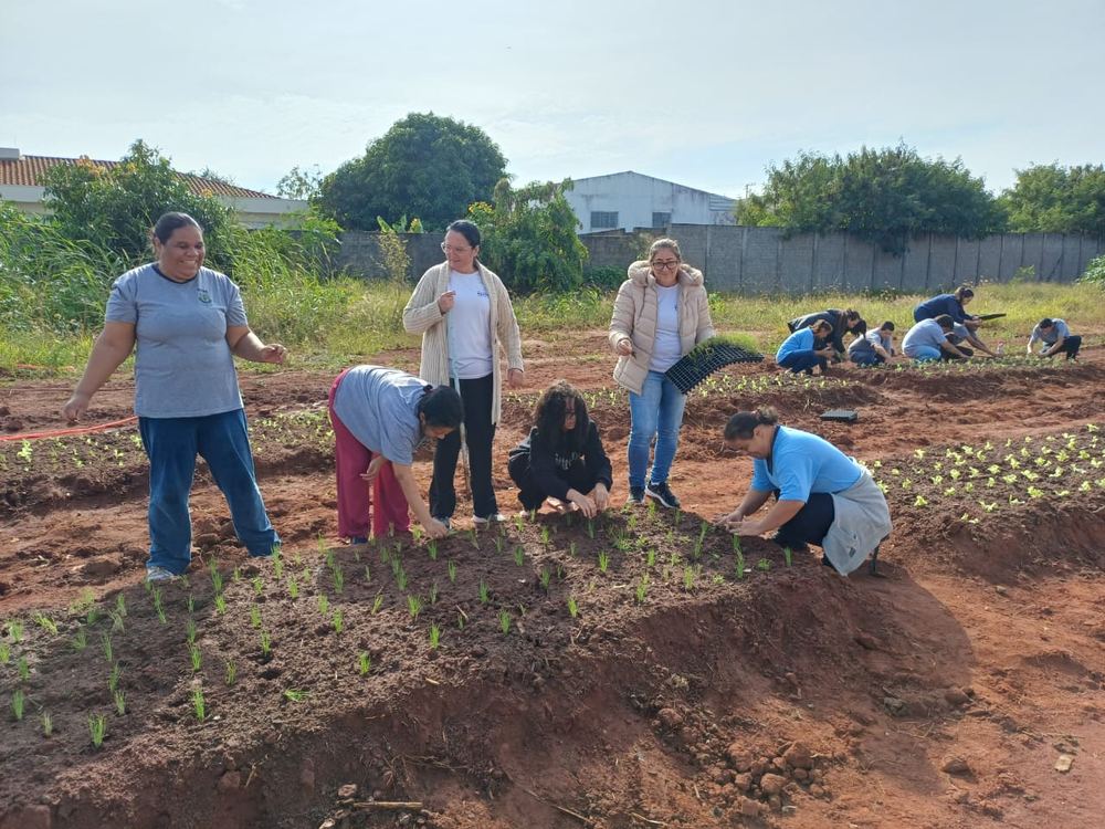 Equipe e parceiros durante mutirão de plantio na Horta Educativa e Comunitária